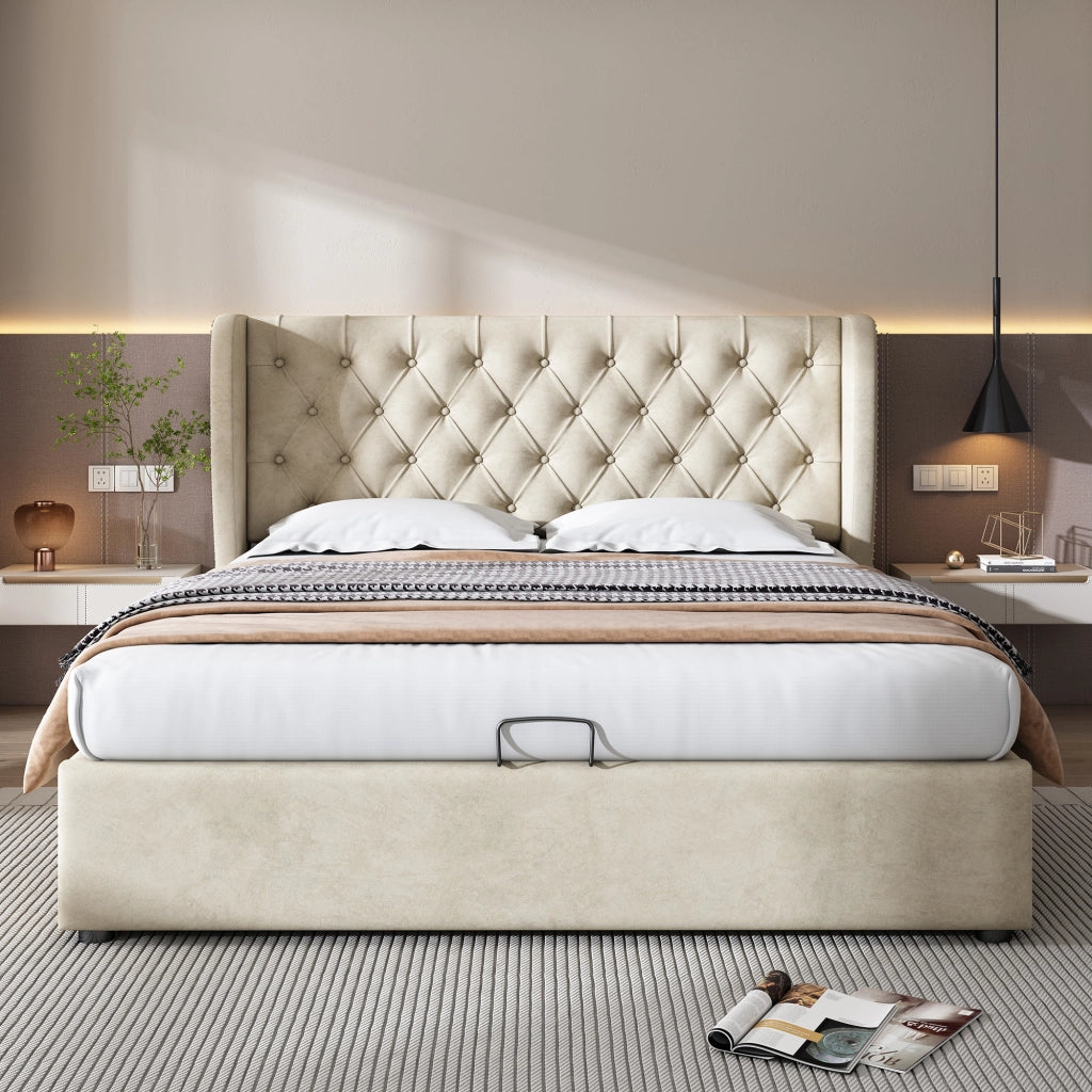 OKWISH Letto Contenitore 140×190 cm, Letto Matrimoniale con Testiera Imbottita, Vano Contenitore e Borchie, senza Materasso, Velluto, Beige