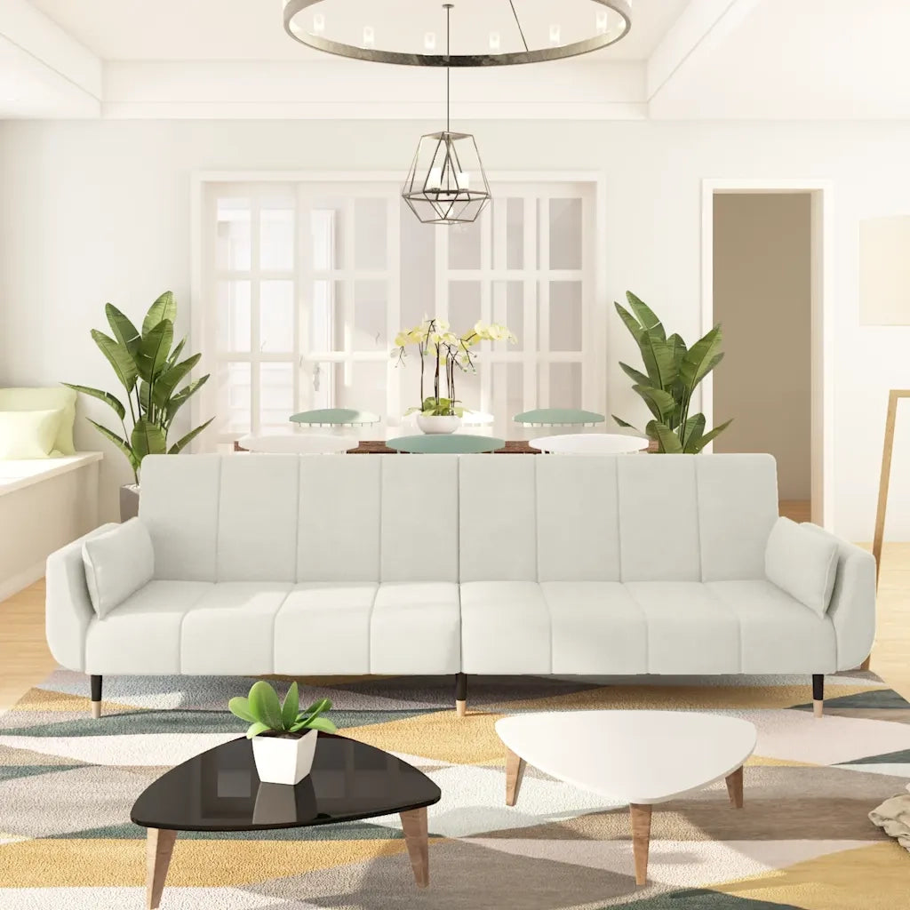 Divano Letto a 2 Posti con 2 Cuscini-Sofa Letto 2 Posti-Daybed Crema in Velluto 508566