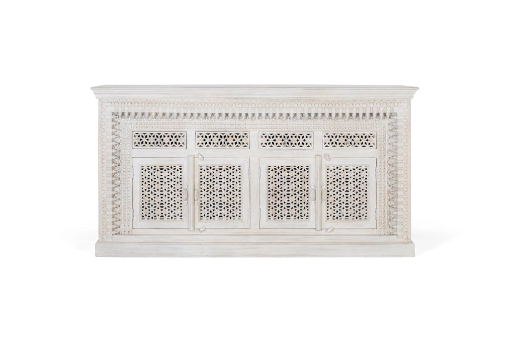 Credenza in massello di mango intagliato Colore: bianco invecchiato