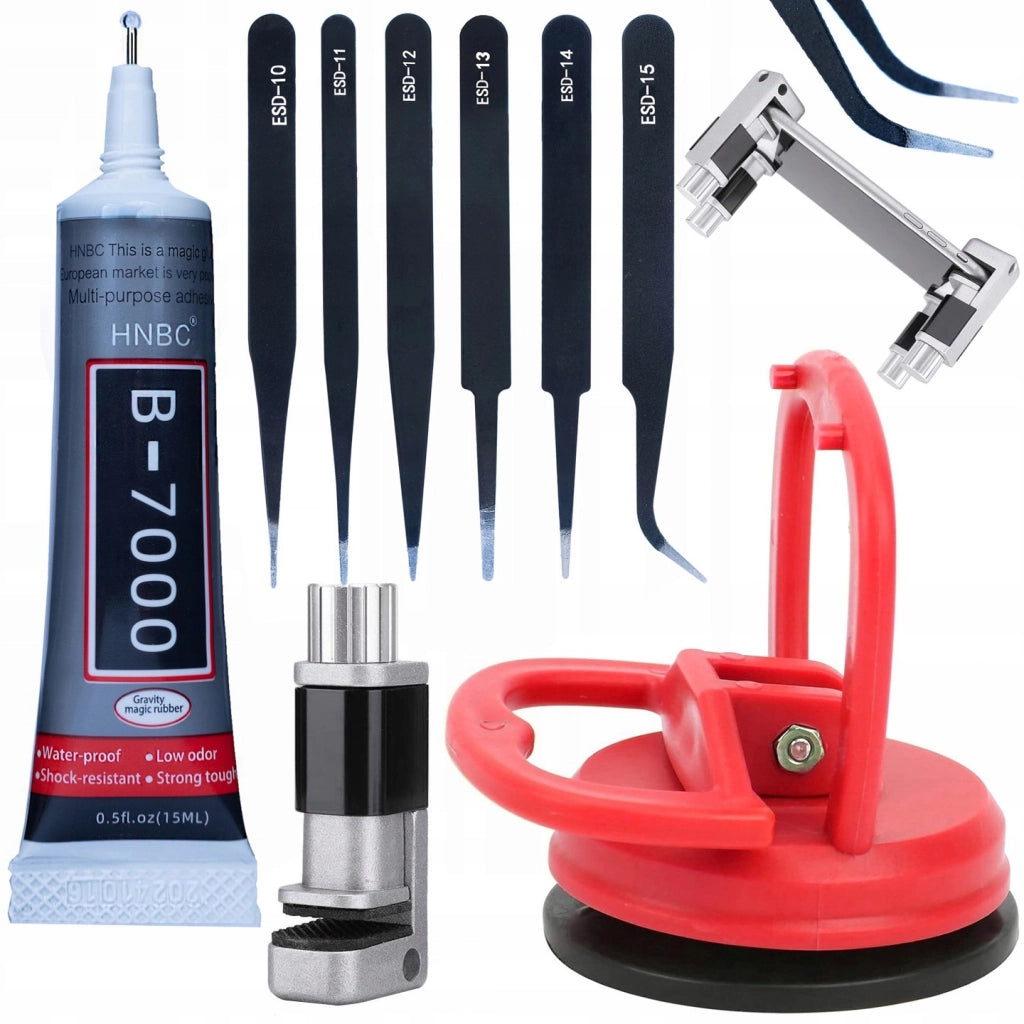 Set Riparazione LCD – Ventosa 55mm, Colla B-7000 15ml, Mini Morsa da Banco, 6 Pinzette