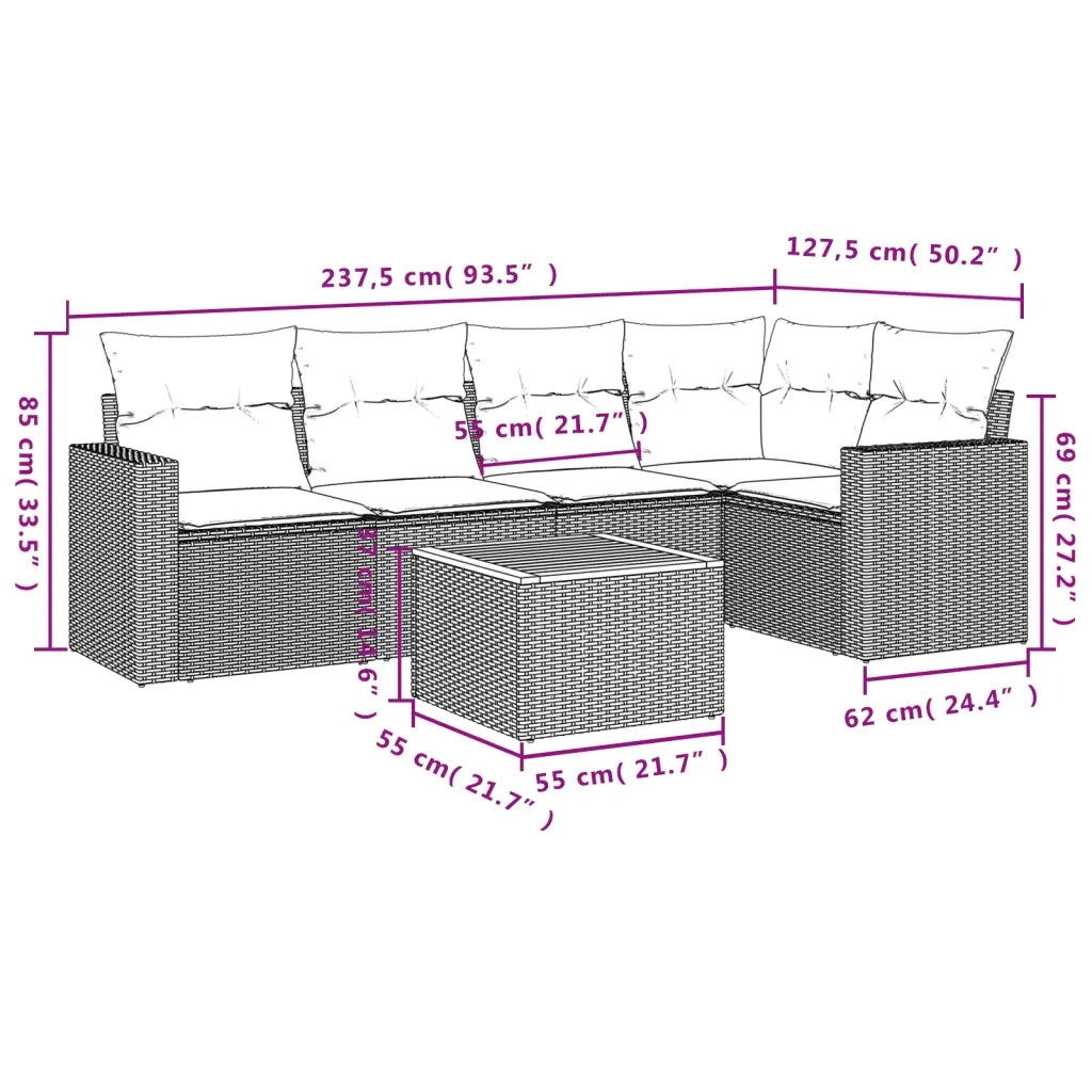 Set Divano da Giardino 6 pz con Cuscini Beige in Polyrattan 3224112