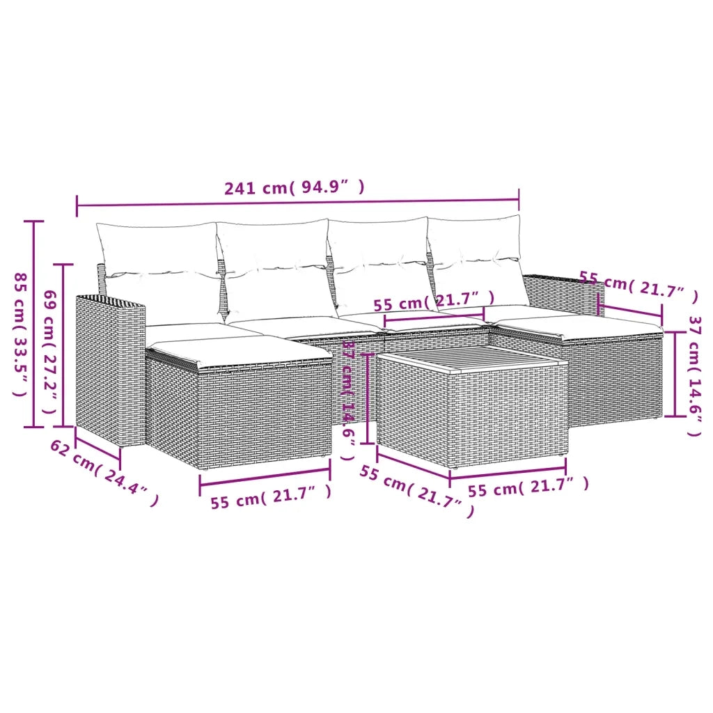 Set Divani da Giardino 7 pz con Cuscini Beige in Polyrattan