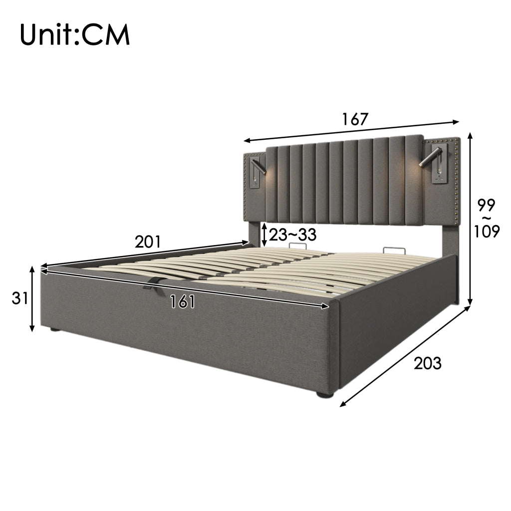 LETTO Contenitore 160x200 cm Grigio in cotone con luce di lettura e USB