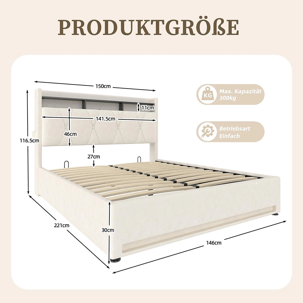 Letto 140x200cm imbottito - Xylo - beige USB-C idraulico LED