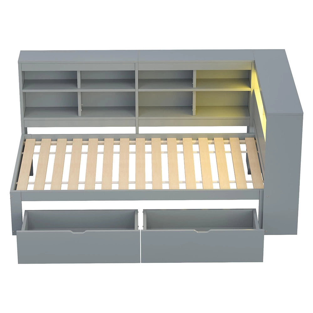 Divano letto legno 90x200cm - Xylo - grigio, USB/LED, ripiani, spazio