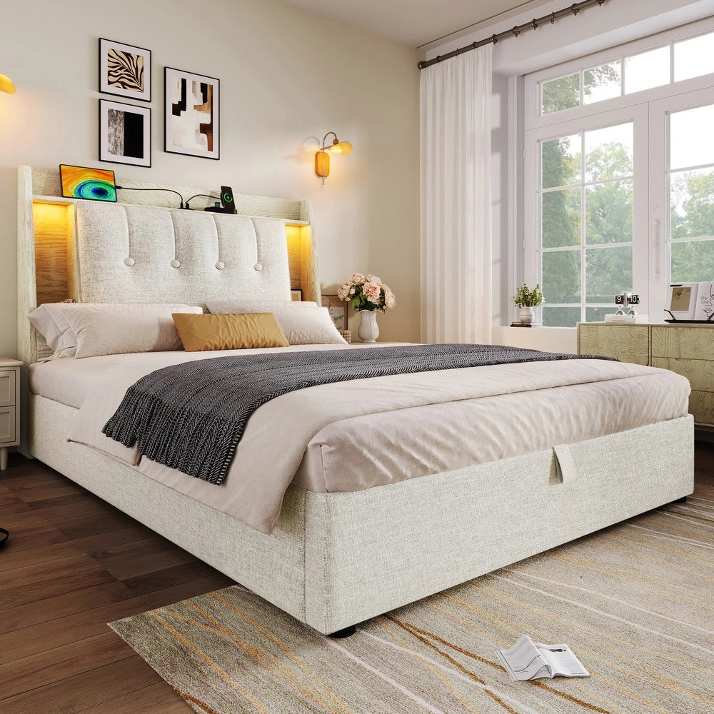 Letto Imbottito con LED e Contenitore ¨C MINIMAL ¨C Lino Beige 90x200