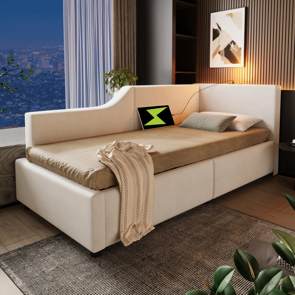 LETTO Daybed 90x200 cm in velluto beige con stoccaggio idraulico, lampada e USB-C