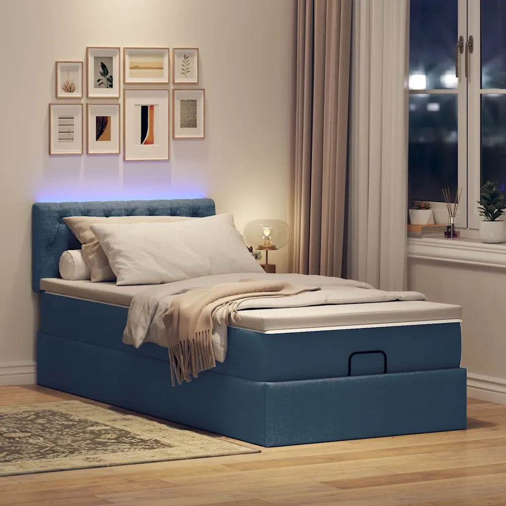 Pouf Letto con Materasso e LED Blu 90x200 cm in Tessuto