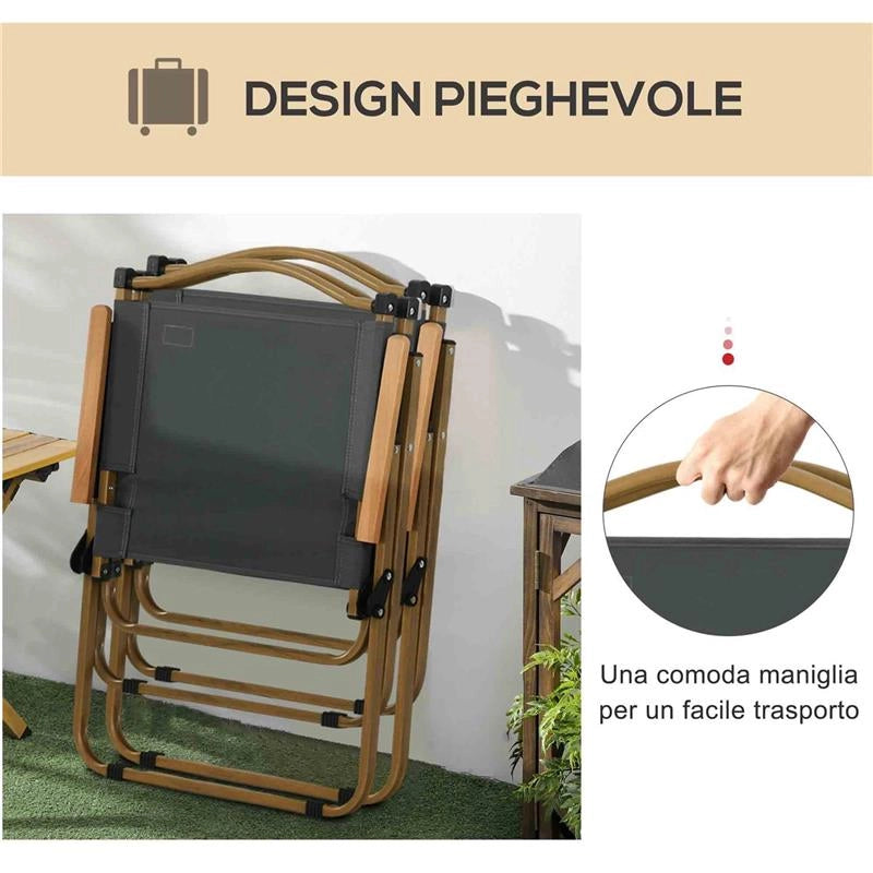 SET 2 SEDIE PER ESTERNI PIEGHEVOLI CON BRACCIOLI IN TESSUTO OXFORD E ACCIAIO GRIGIO