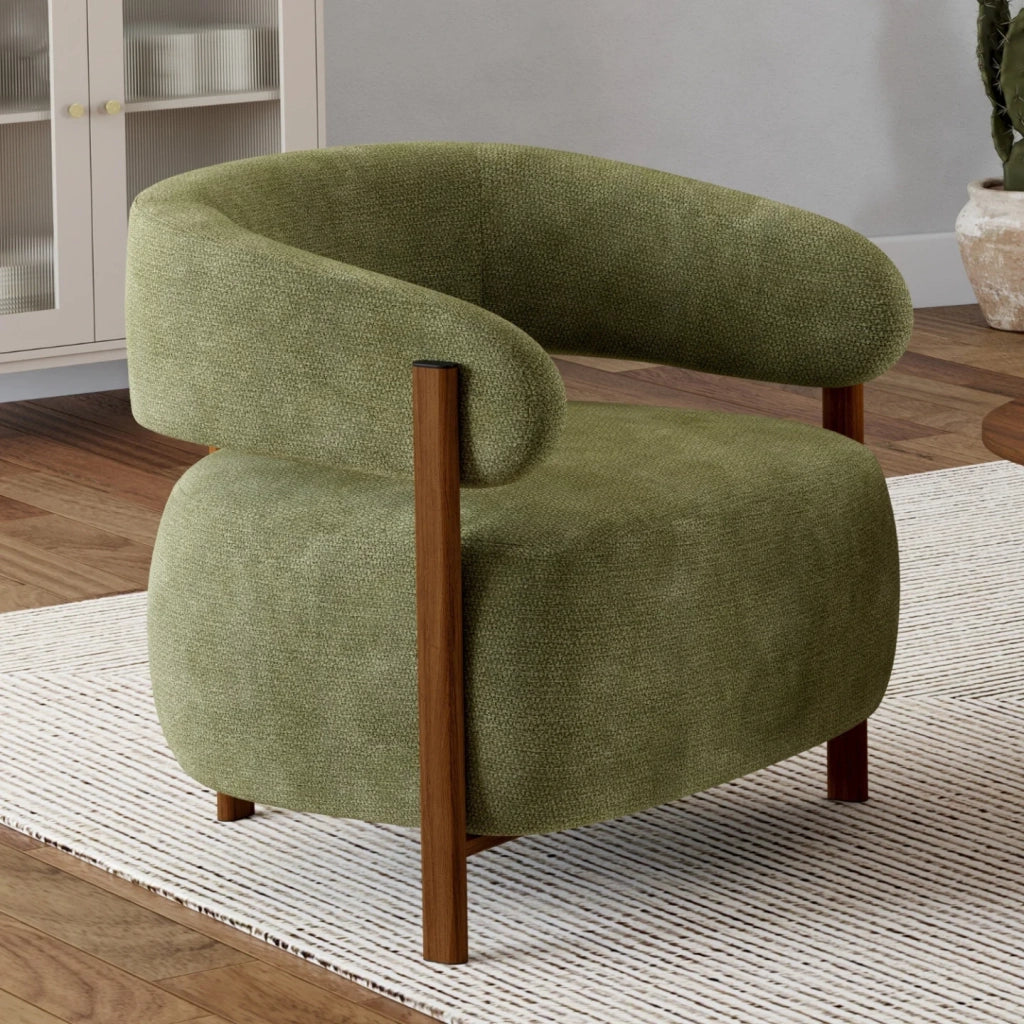 IDMarket - Poltrona ALBERT in tessuto di ciniglia verde con gambe in legno scuro