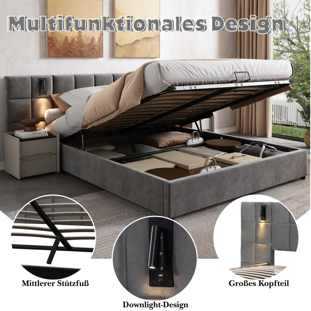 LETTO Contenitore 160x200 cm in velluto grigio con lampada e USB