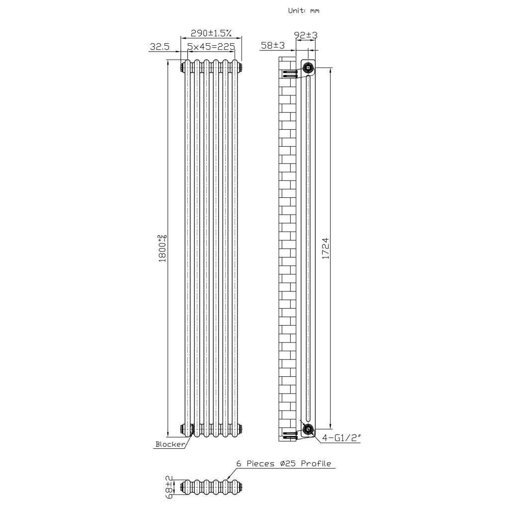 Radiatore 2 Colonne Verticale Metallo Grezzo 1800x290 mm