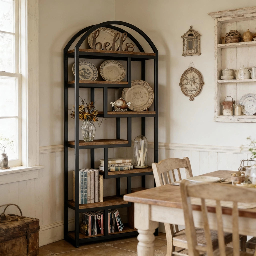 Libreria a 7 ripiani in MDF e metallo nero, scaffale industriale aperto con finitura marrone rustico, h 180 cm