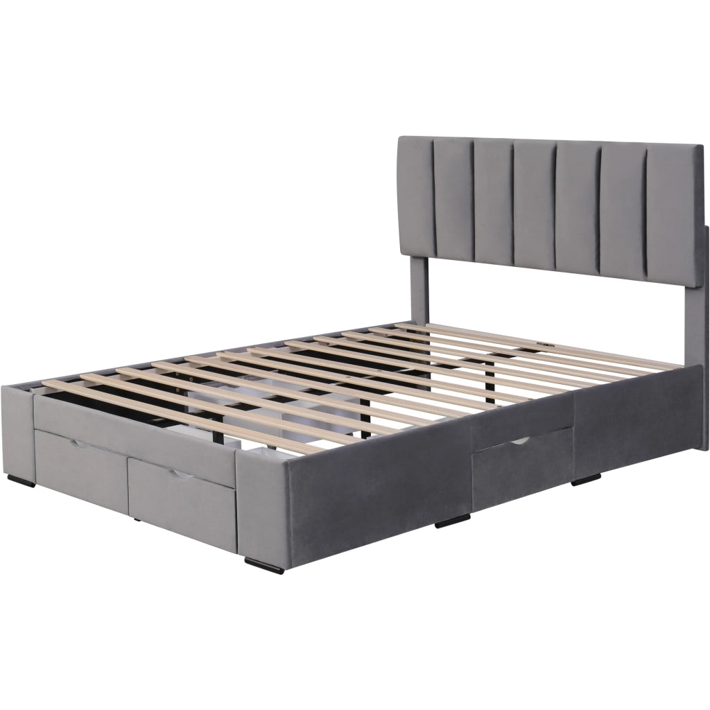LETTO Imbottito 140x200 cm in velluto grigio con 4 cassetti