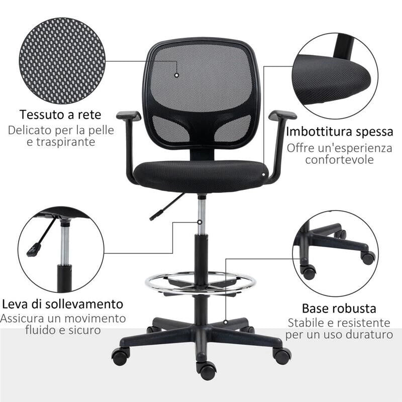 SEDIA DA UFFICIO AD ALTEZZA REGOLABILE CON BRACCIOLI ROTELLE E SEDUTA IMBOTTITA, 60X56X110-132 CM  NERA