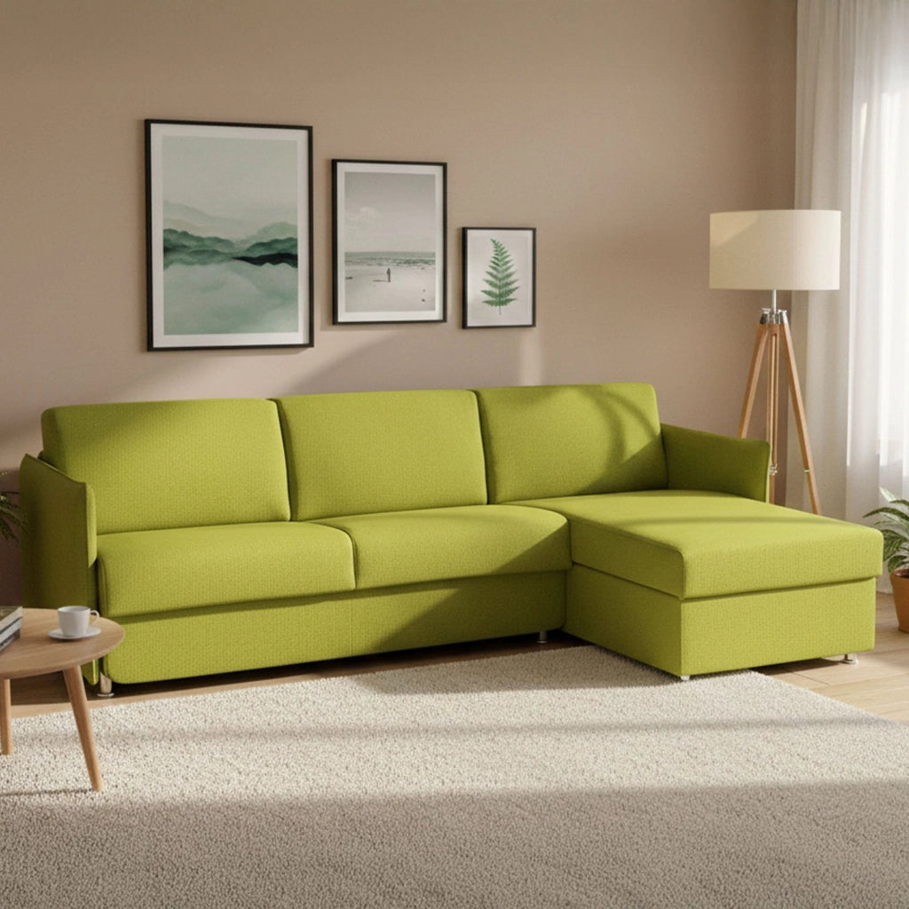 Scordia, Divano Letto con Penisola Sfoderabile Made in Italy, 260x160 cm Verde