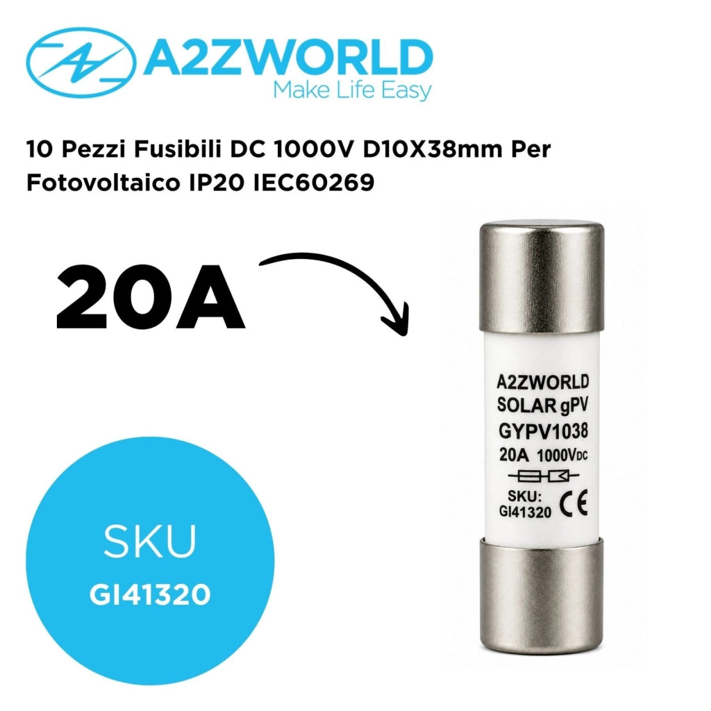 10 Pezzi Fusibili DC 1000V D10X38mm Per Fotovoltaico IP20 IEC60269, Disponibili 15A 20A 25A 30A (20A)