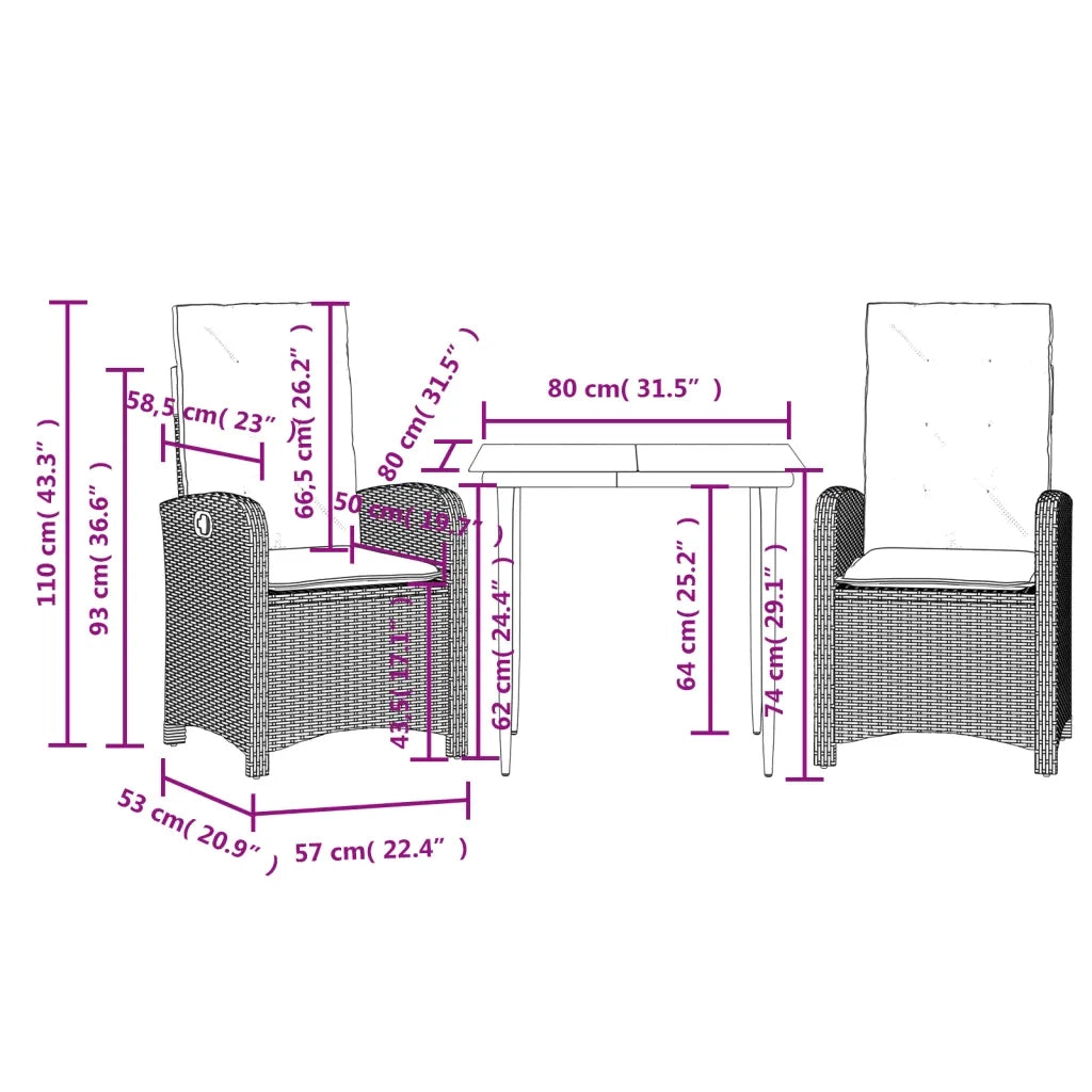 Set da Pranzo da Giardino 3 pz con Cuscini Nero in Polyrattan 3212310