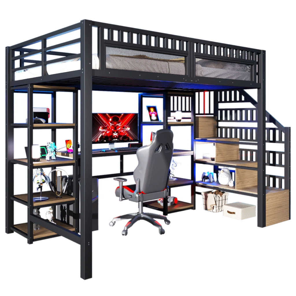 Letto castello 140x200 ferro ripiani scala scrivania LED USB nero