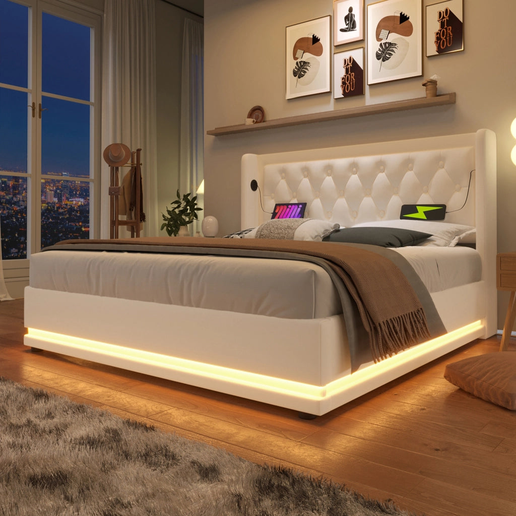 LETTO contenitore 160x200 cm bianco PU con USB Type-C e LED
