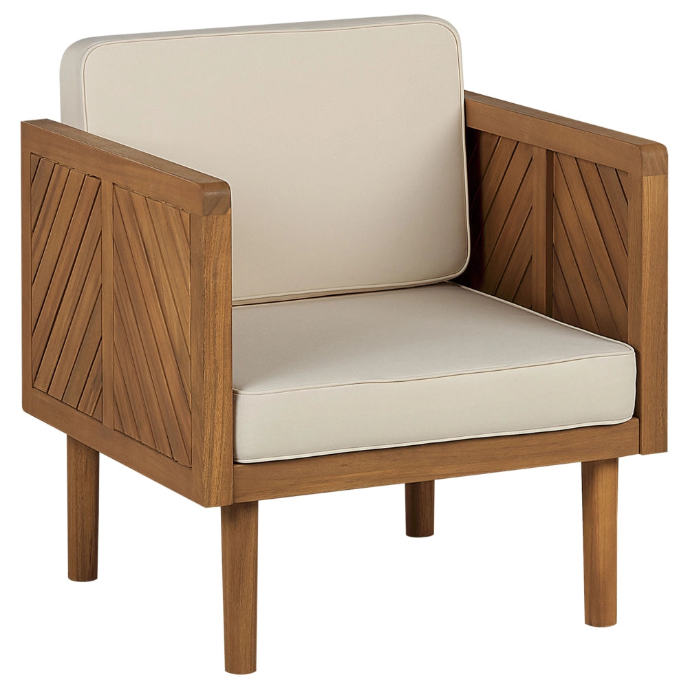 Sedia da giardino in legno di acacia cuscini beige chiaro moderni in stile rustico
