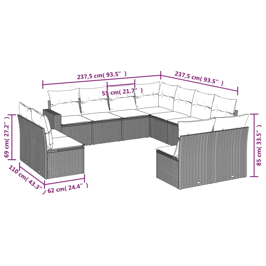 Set Divani da Giardino 11 pz con Cuscini in Polyrattan Grigio 3219122