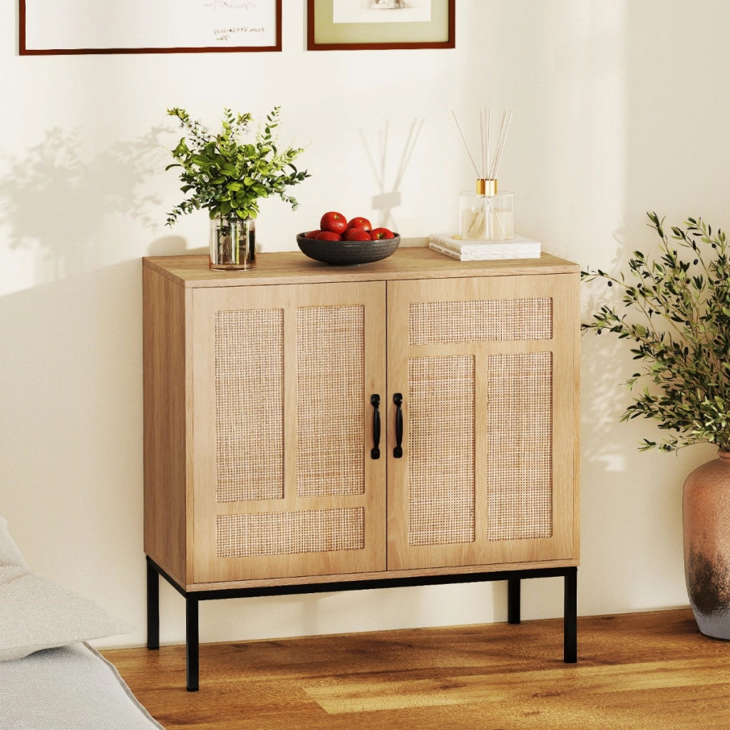 Armadietto boho con motivo asimmetrico con ripiano regolabile a 3 posizioni, Armadio portaoggetti in rattan per cucina Naturale