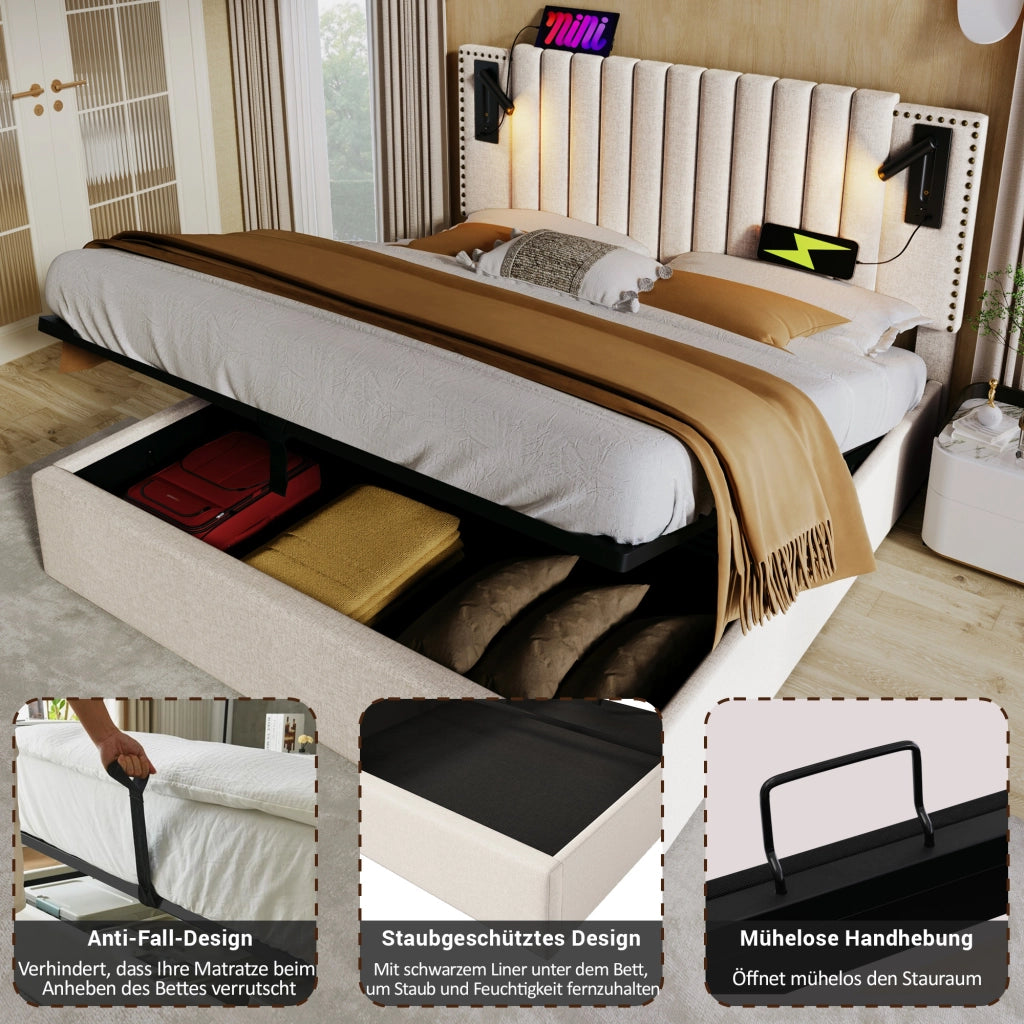 LETTO Contenitore 140x200 cm Beige in cotone con luce da lettura e USB