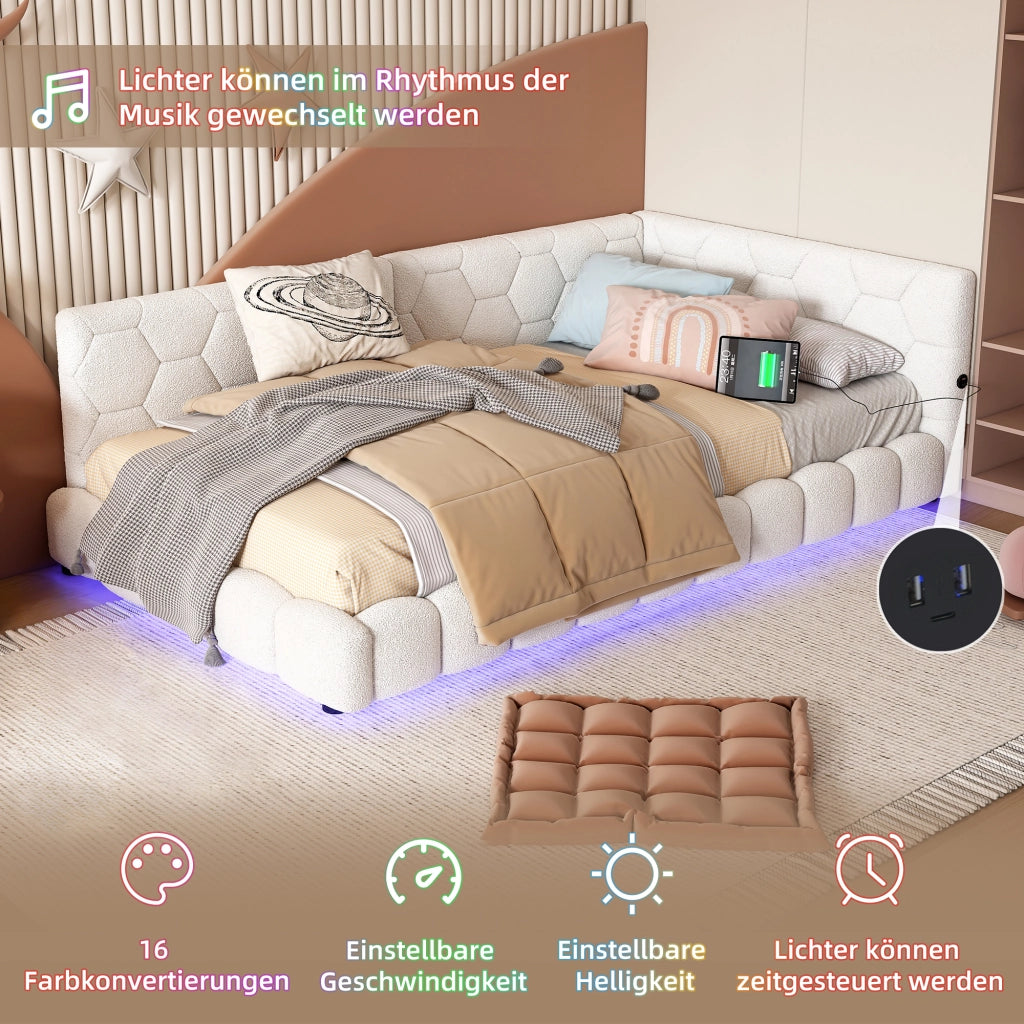 Divano letto 90 × 200 cm con rete a doghe LED regolabile via app porte USB e USB-C bianco