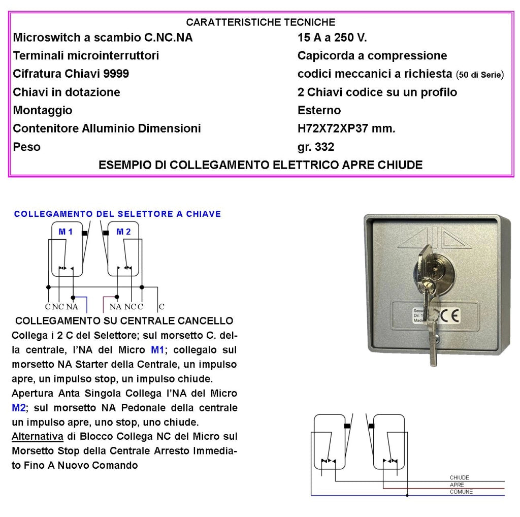 Interruttore o Selettore in Alluminio Ritorno a Molla 3 Posizioni Apre Stop Chiude 2 Chiavi 2 Microswitch Contatti 15A Isolamento 250 V da Colonna Comando Automatismi Apertura Condominiale e Pedonale