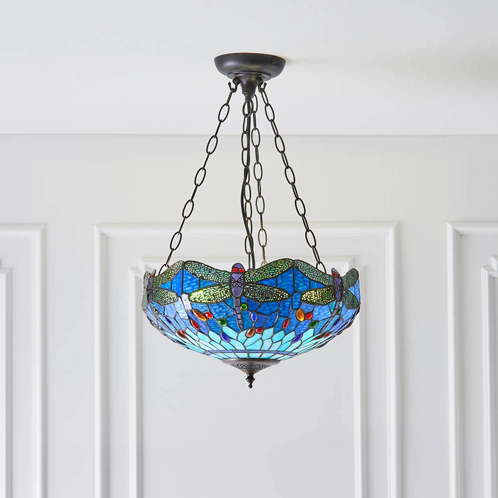 Lampadario sospensione Tiffany libellula blu 3xE27