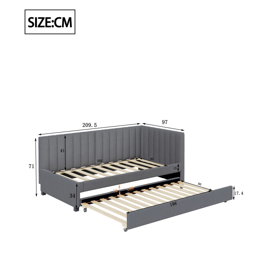 Divano letto imbottito con letto estraibile 90x200 cm; rivestimento effetto velluto grigio