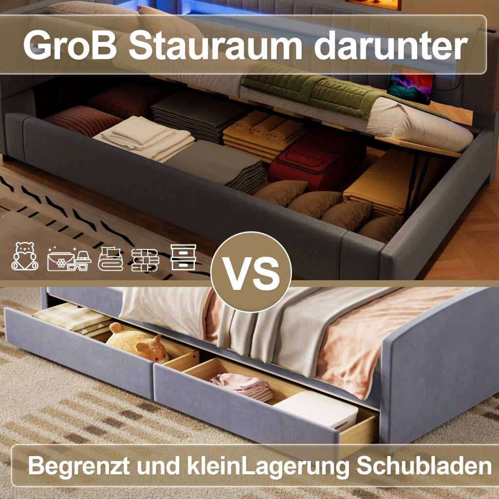 LETTO Contenitore 90x200 cm in lino grigio con LED e USB