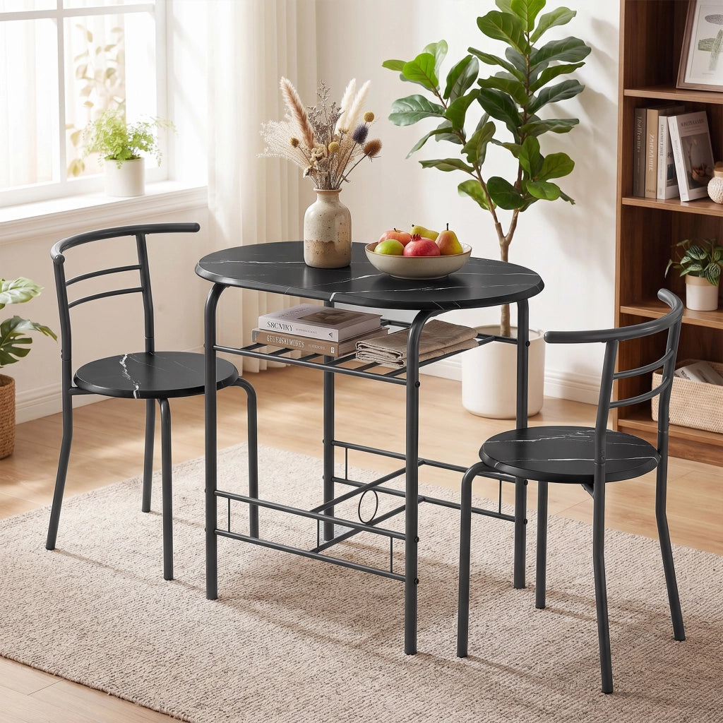 Set tavolo pranzo 3 pezzi con sedie 2 persone scaffale nero effetto marmo ¨C Xylo