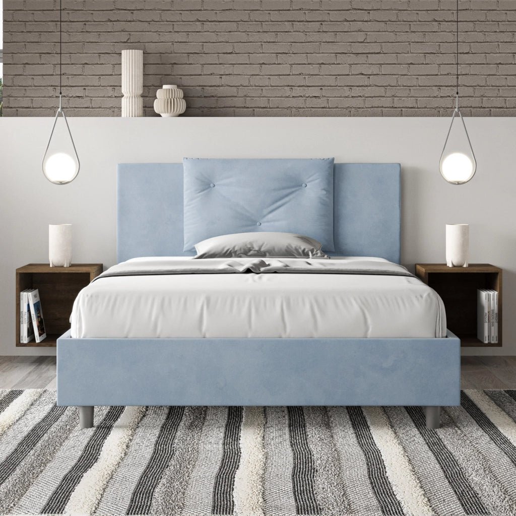 BS COM Letto queen size con rete imbottito 150x210 microfibra azzurro
