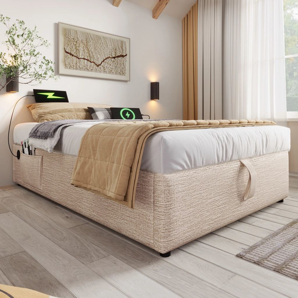 LETTO Contenitore 90x190 cm in lino Naturale con USB e Type-C
