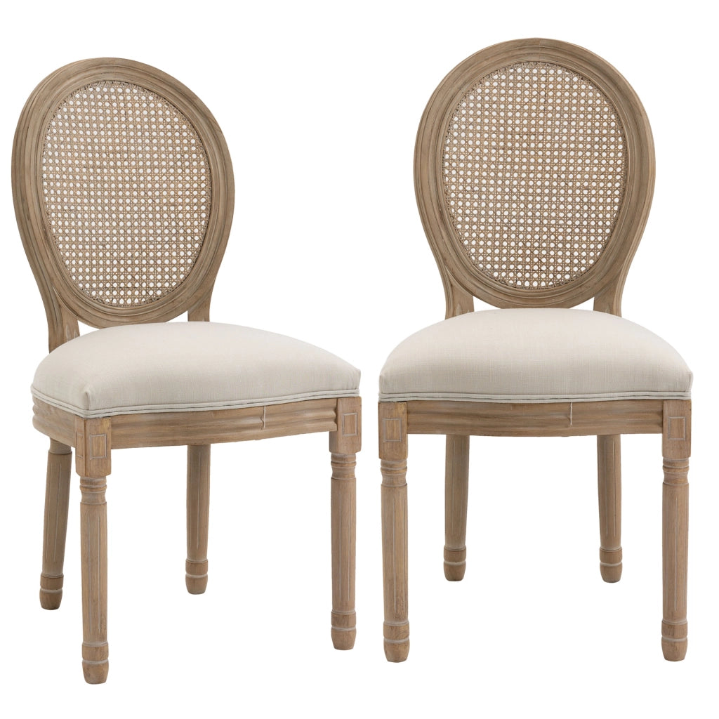Set 2 Sedie per Soggiorno in Stile Vintage con Schienale Traforato, in Legno e Tessuto, 49x56x96cm, Bianco Crema