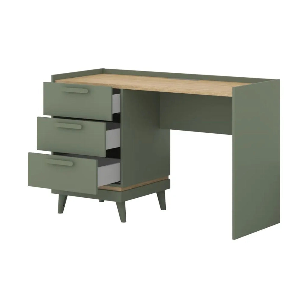 Scrivania stile scandinavo NOKI – 3 cassetti – Verde e legno – 120x80x50 cm