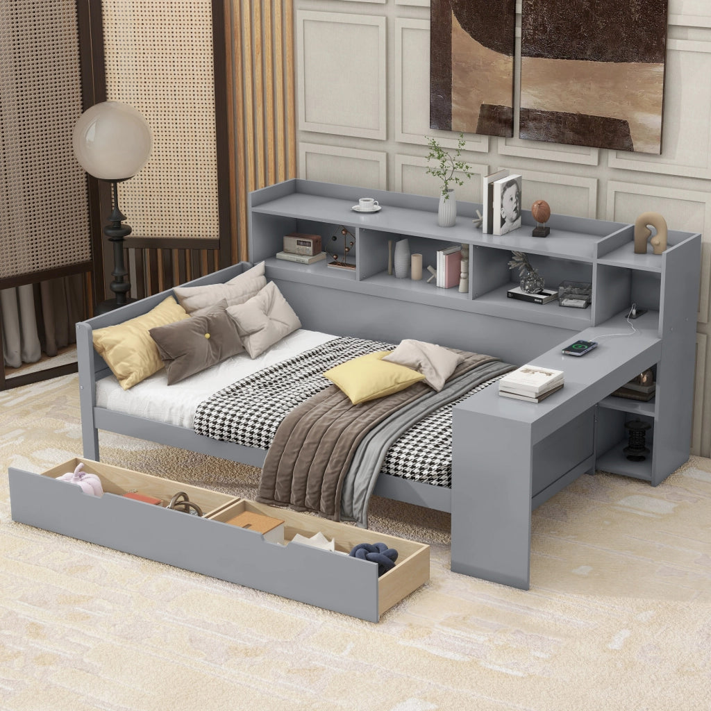 LETTO 90x200 cm con scrivania 2 cassetti USB e presa Grigio