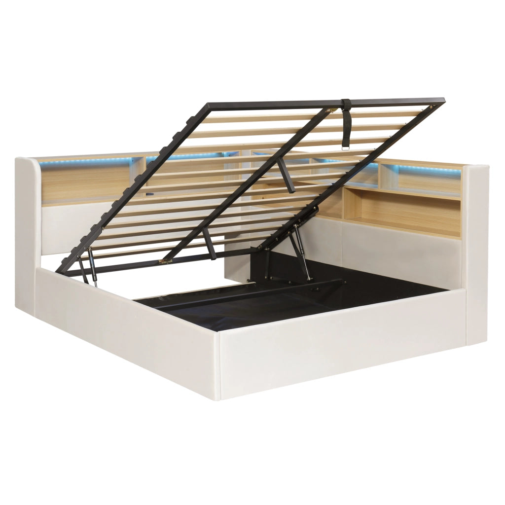 Letto da giorno imbottito 140x190 cm con contenitore idraulico, velluto beige, LED, porte USB e ripiani laterali