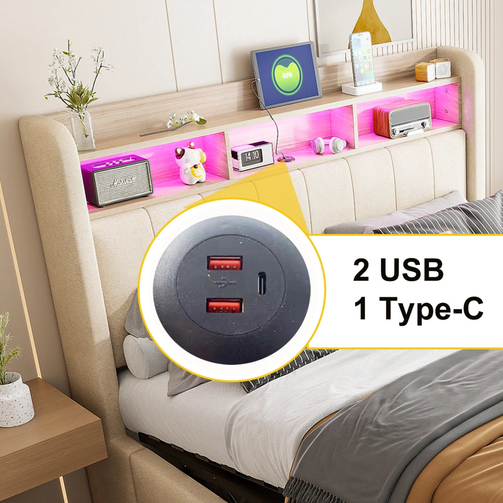 LETTO imbottito 140x200 cm Beige con LED, USB, porta Type-C e contenitore idraulico