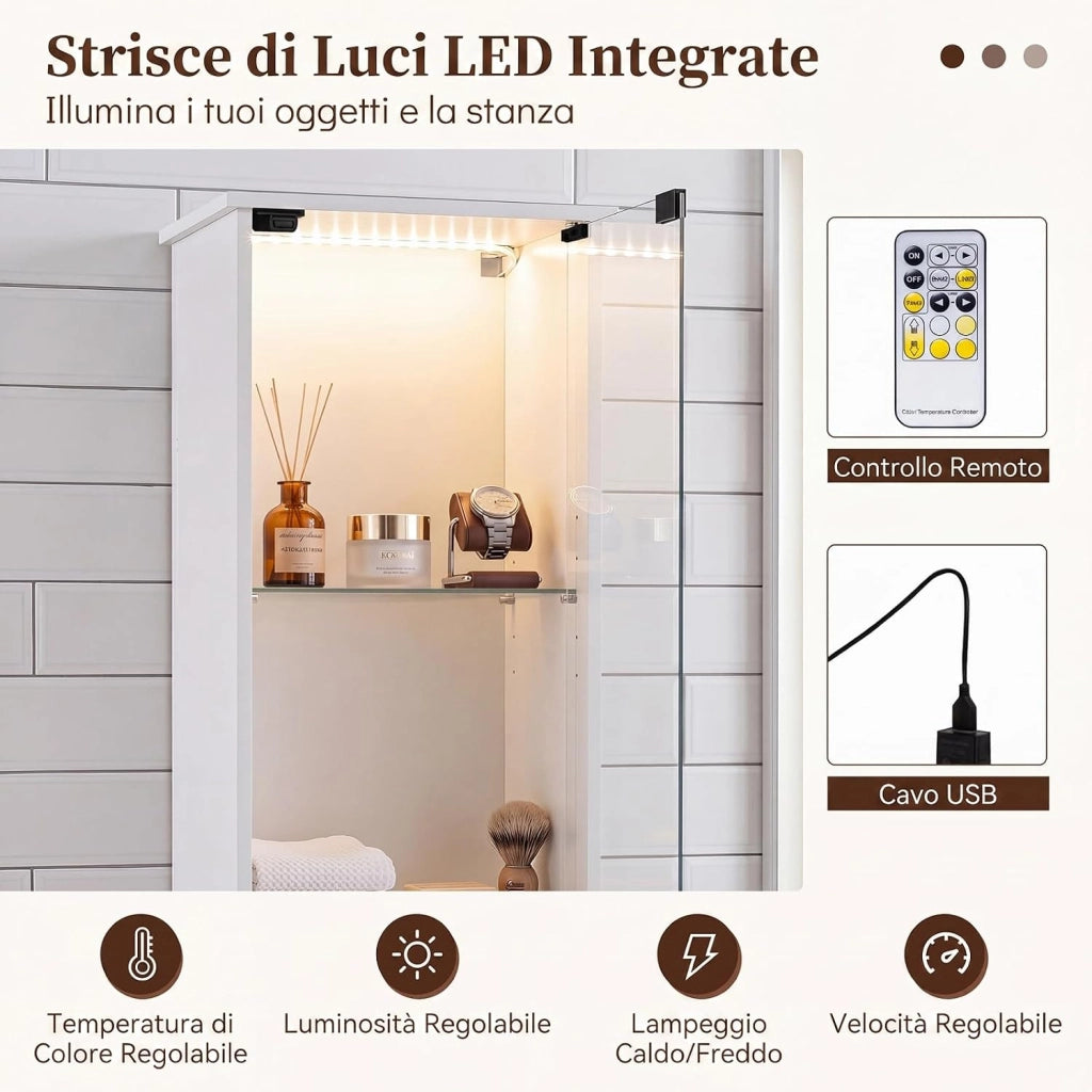 Mobile Alto da Bagno, Mobiletto a Colonna Stretto con Luci LED e Telecomando, Ante in Vetro e Mensole Regolabili, Armadio Salvaspazio a Terra per Soggiorno, 30 x 30 x 170 cm (Bianco)