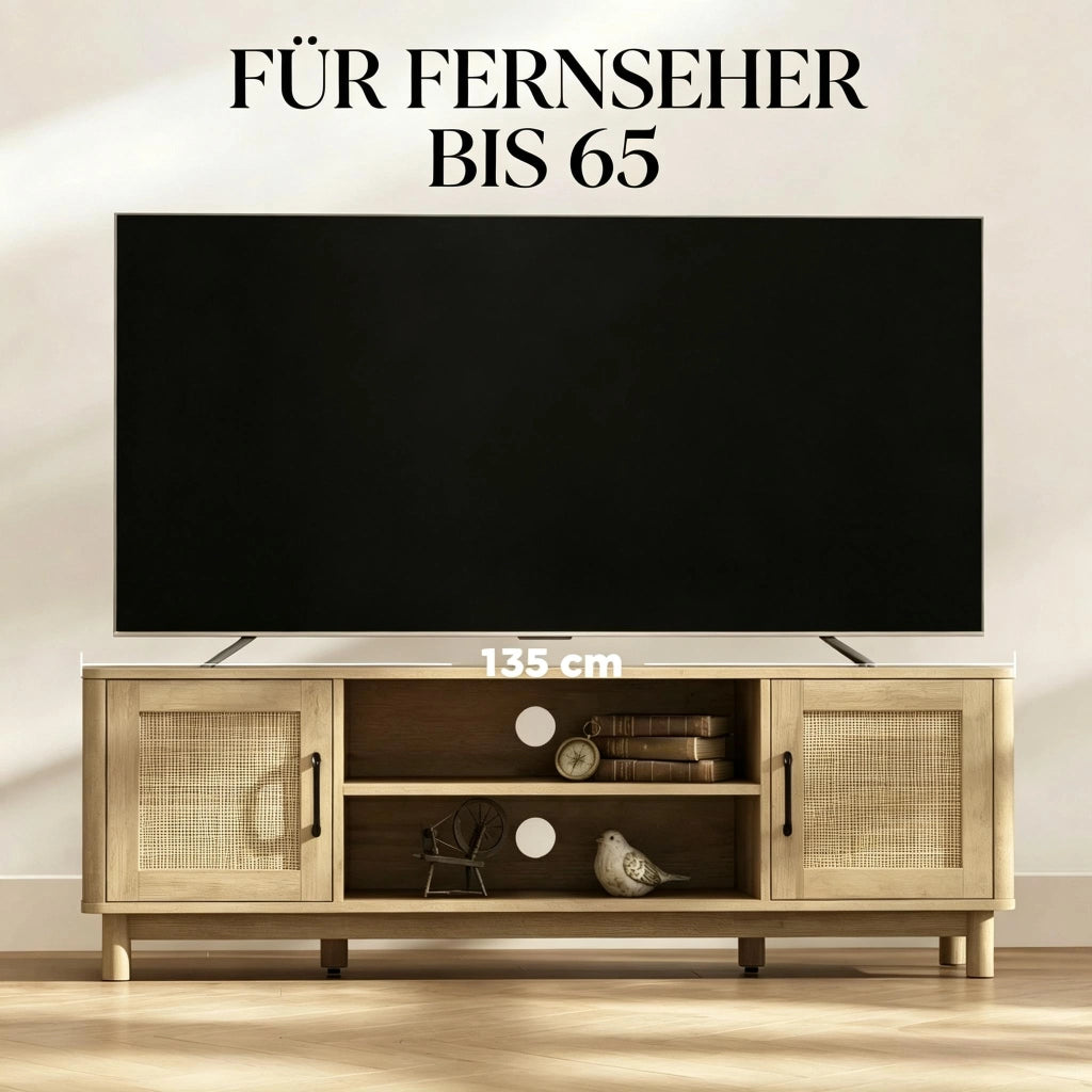Mobile TV con vani aperti e armadietti; rattan e pannello truciolare color rovere per TV fino a 65 pollici 135 × 39 × 45 cm