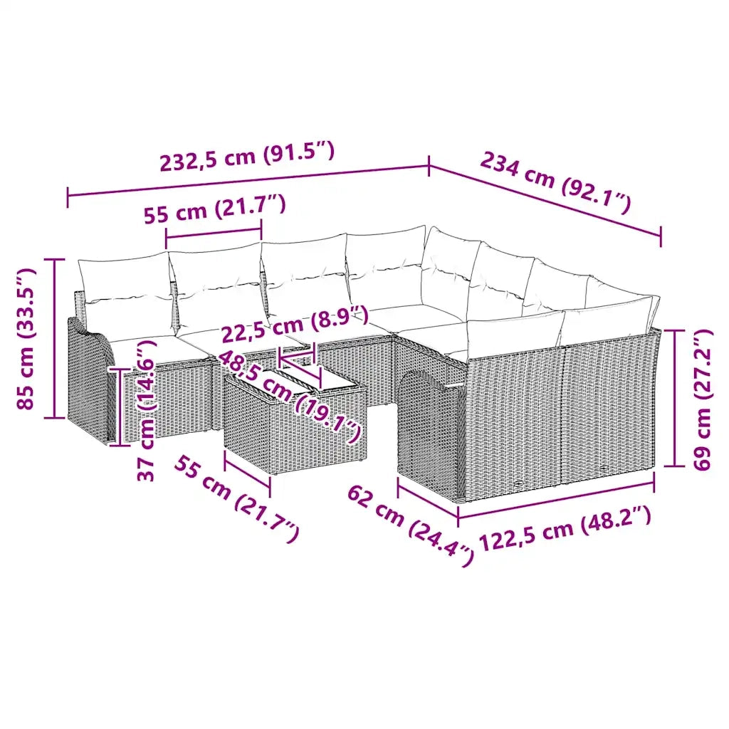 Set Divano da Giardino con cuscino 9 pcs Beige polyrattan 3345640