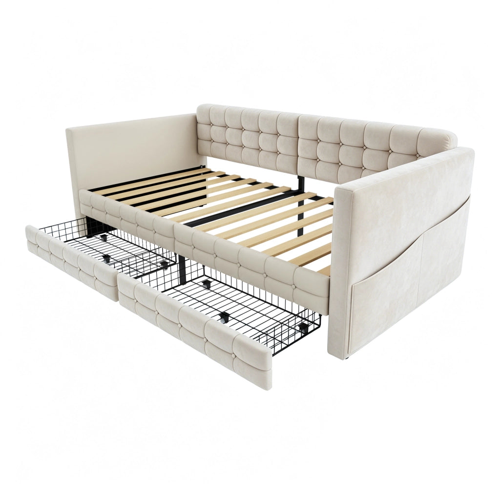 LETTO Imbottito 90x190 cm Beige con tasche laterali e 2 cassetti