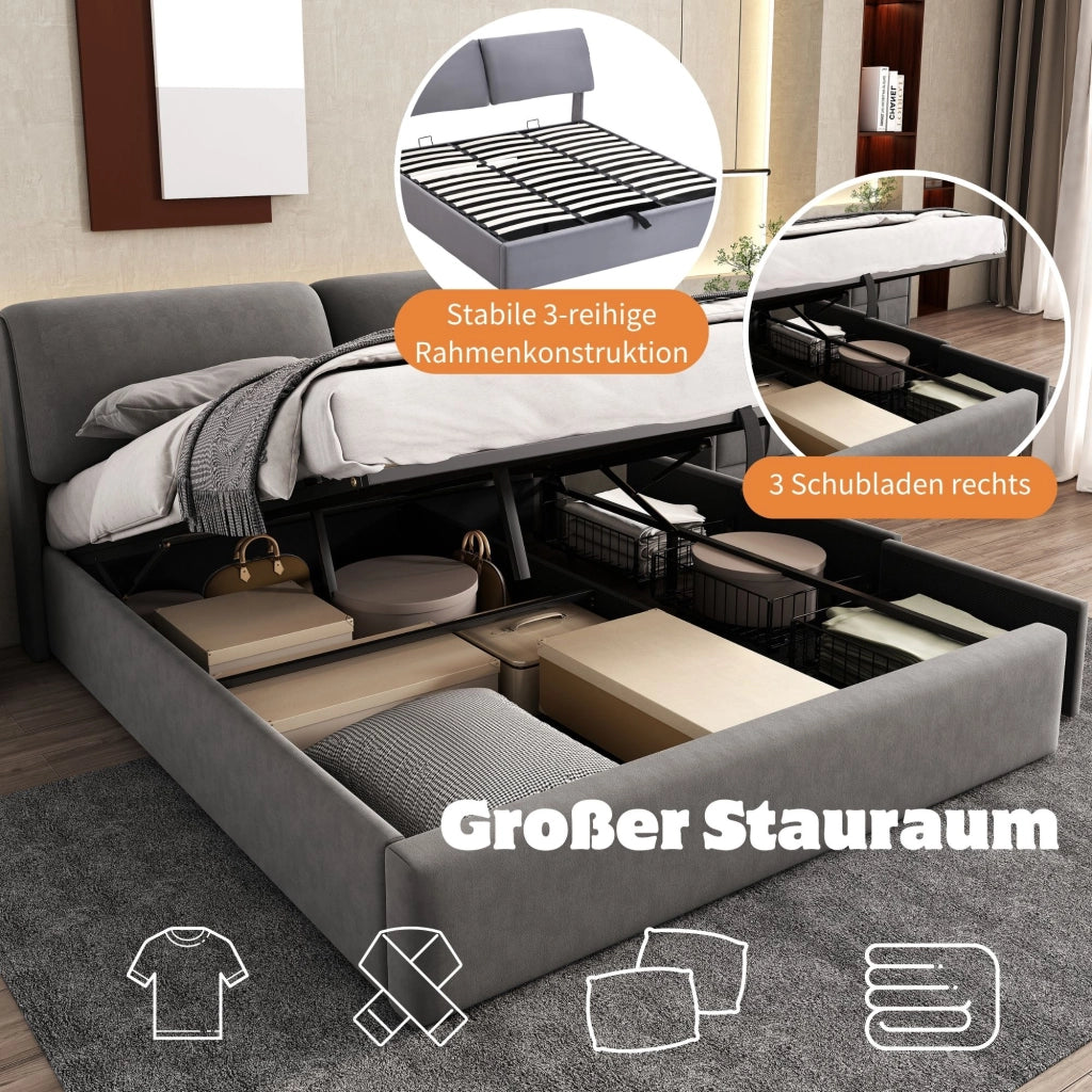 LETTO Contenitore idraulico 180x200 cm in velluto grigio con 3 cassetti