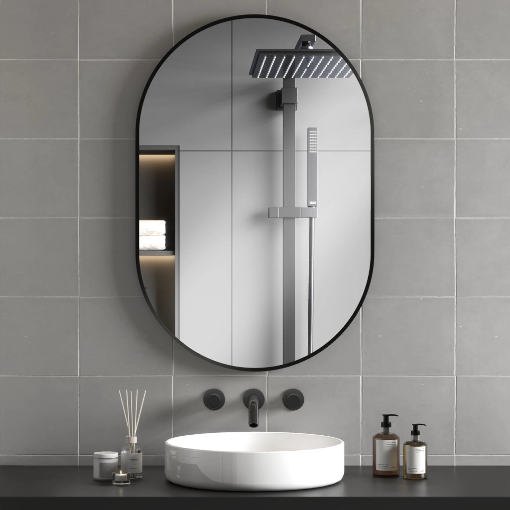 Specchio da Bagno Ovale con Cornice Alluminio ¨C Minimal ¨C Nero 60x90 cm