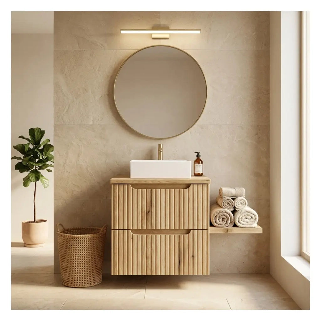 Set da bagno sospeso VANO in rovere chiaro 50cm: mobile sotto lavabo con cassetti con frontale scanalato + top per lavabo