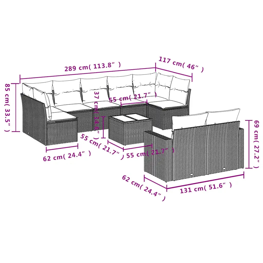 Set Divani da Giardino 10pz con Cuscini in Polyrattan Marrone 3219423