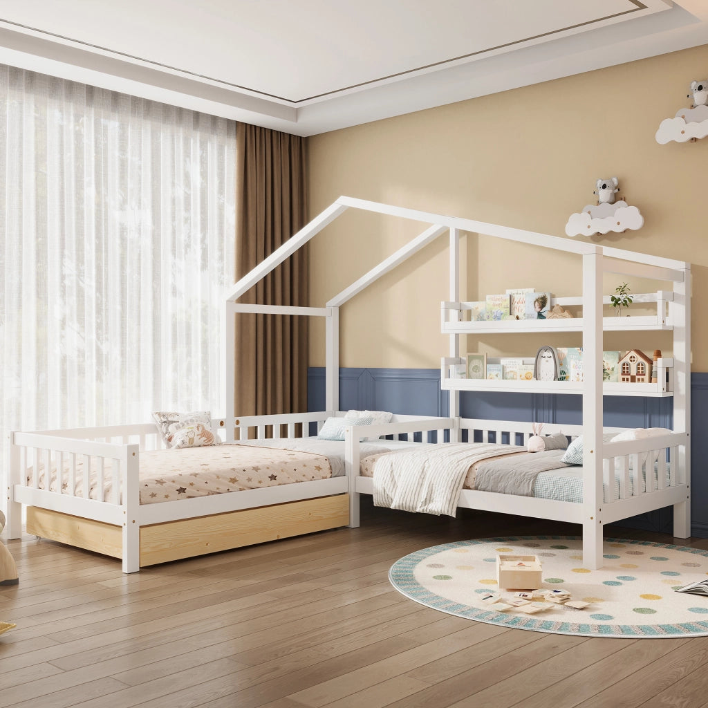 LETTO a casetta con cassetti e ripiani 242x209x178,5 cm Bianco